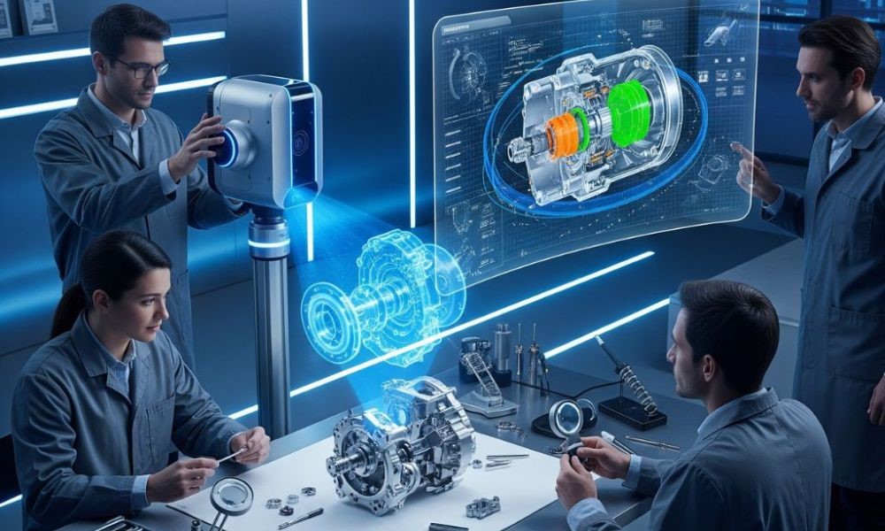 מהנדסים עובדים במעבדה על reverse engineering של מנוע, תוך שימוש בהדמיה תלת-ממדית מוקרנת באוויר לניתוח רכיביו.